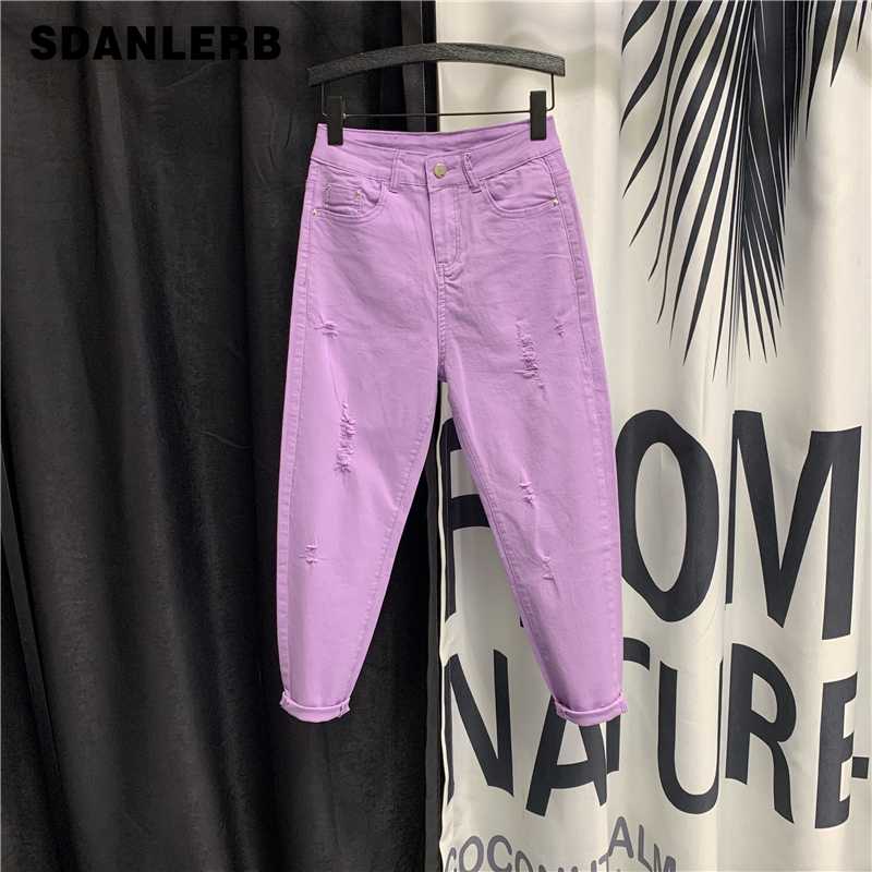

European Streetwear High Waist Purple Jeans Women Slim-Fit Jeans Female 2020 Summer New Utton Chic Worn Hole Harem Denim Pants