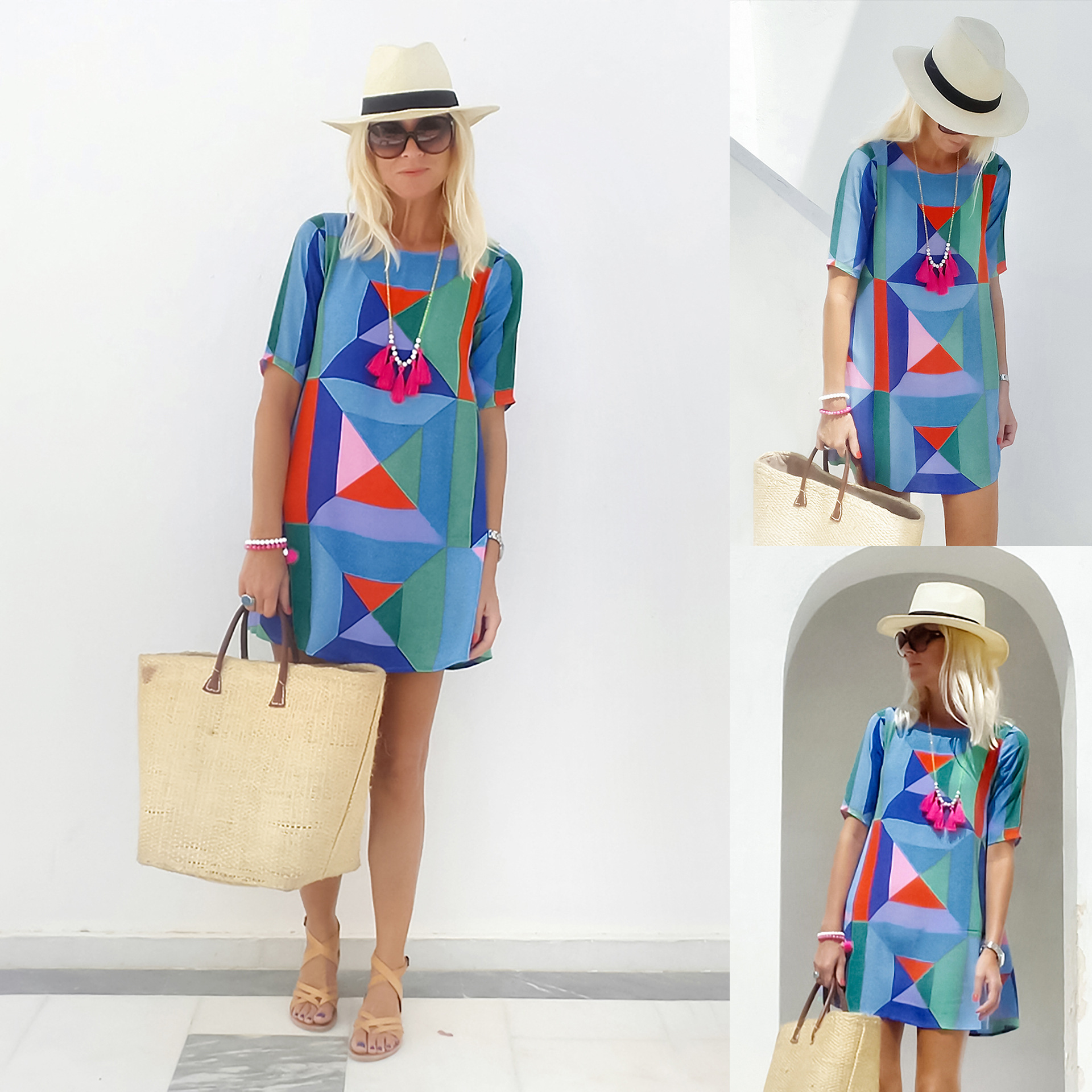 

2019 Designer Fashion Women's Casual Dresses Round neck Geometric Printed Dersses Mini-length Summer Sundress Short Sleeve Dresses for Women, As picture