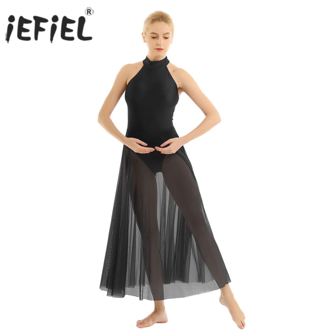 

iEFiEL Womens Adult Dancing Performance Mock Neck Gymnastics Leotard Bodysuit Ballerina Ballet Dance Dress with Mesh Maxi Skirt, Blue