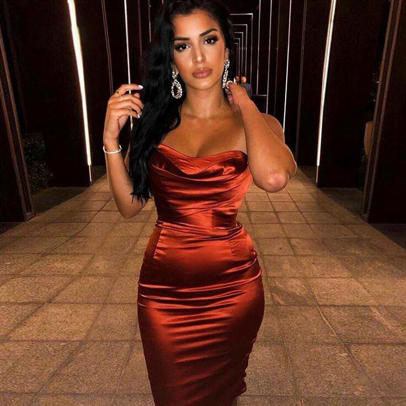 

Women Ruched Strapless Satin Dress Off Shoulder Sexy Dres 2020 Summer Elegant Sleeveless Night Party Dress Club Outfits Vestidos, Green