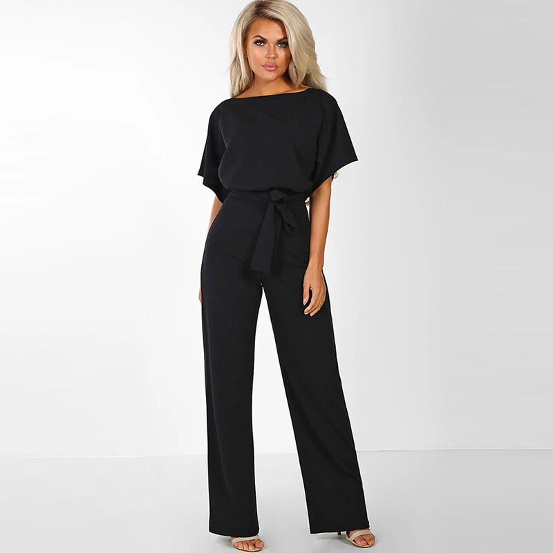 

Women' Elegant Summer Short Sleeve Jumpsuits Rompers Plus Size 2XL Loose Bowknot Lace Up Button Long Trousers Party Playsuits, Black