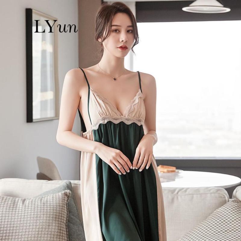 

LYun long night skirt comfortable sexy noble stitching strap chiffon night skirt ladies simple lace 2020 new, Black
