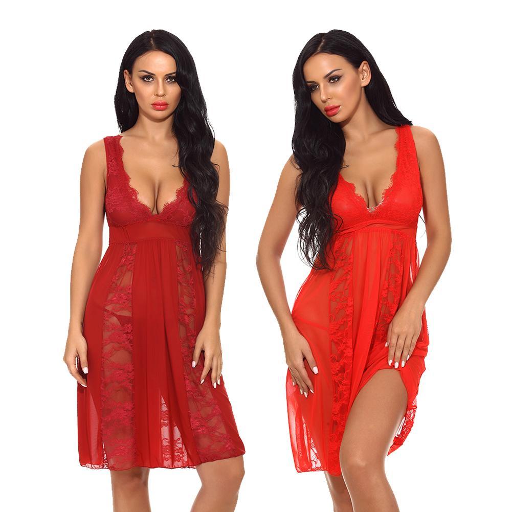 

Women' Lace Lingerie Long Robe Sleepwear Chemise V Neck Babydoll Nightwear Sexy Dress, Black