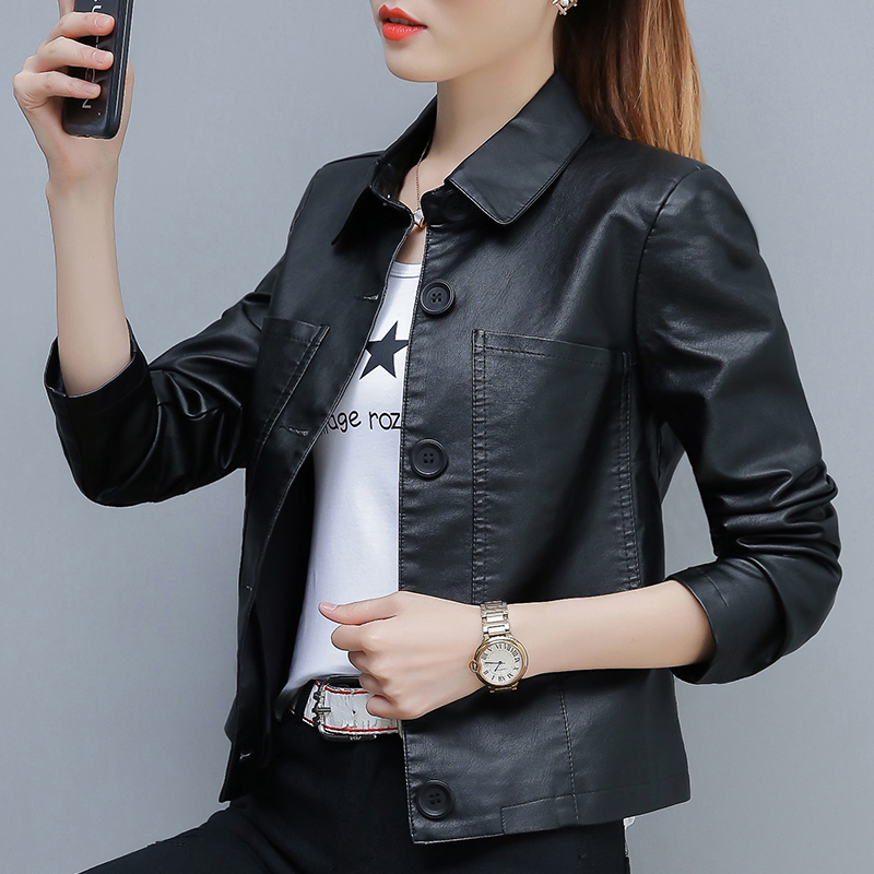 

Wmswjh Casual leather jacket women Fashion lapel Slim Short motorcycle PU jacket Black green caramel faux leather jackets ON555