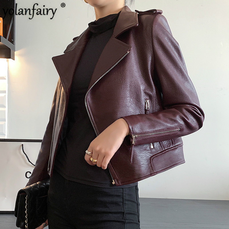 

2020 Genuine Leather Jacket Women Sheepskin Coat Spring Autumn Short Vintage Motorcycle Jacket Slim Fit Korean Leather Coats KJ, Black