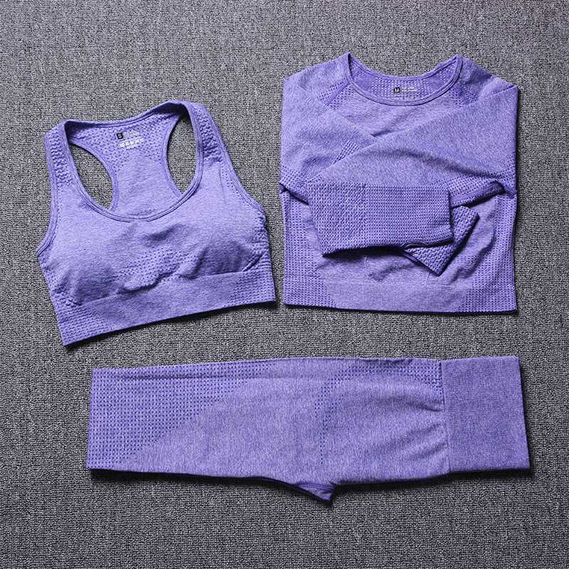 

3Pcs Women Seamless Yoga Sets Long Sleeve Crop Top Shirts High Waist Running Leggings Workout Pants Fitness Sports Suits Gym Set, Black