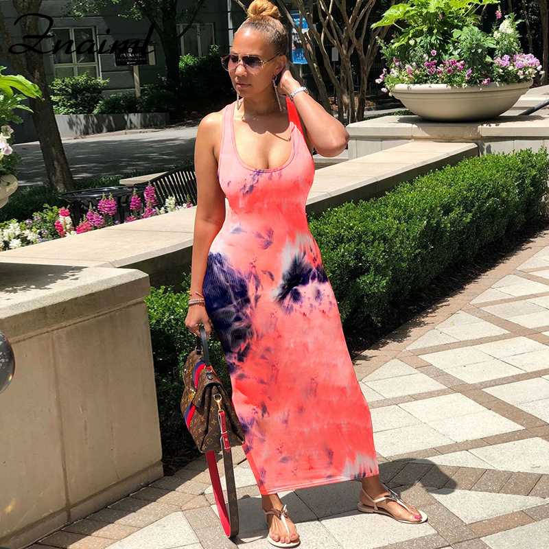 

Znaiml Women Female Sling Sleeveless Backless Tie Dyeing Print Bodycon Mid Calf Pencil High Waist Slim Dress For Party Sexy Club, Blue