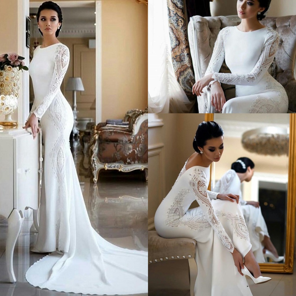

Modest Satin Mermaid Wedding Gowns With Long Sleeves Stylish Lace Boho Garden Bridal Dresses Sweep Train Fashion Robes de Mariee High Quality AL3861, Light yellow