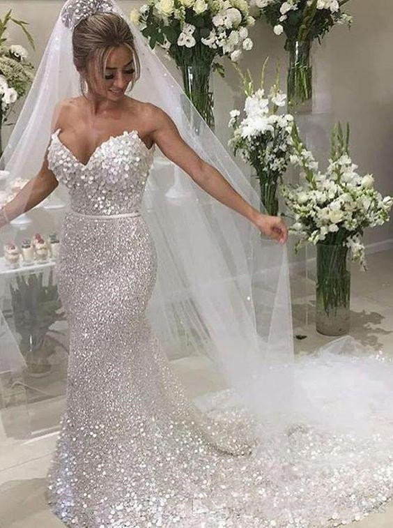 

Sparkle White Sequin Strapless Sexy Mermaid Wedding Dresses 2020 Luxury Plus Size illusion Wedding Dress Bridal Gowns Vestidos De Novia, Silver