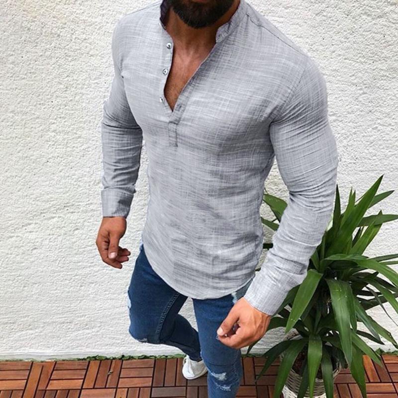 

2020 Men Shirt Long Sleeves Male Blouse Summer Henry Collar Casual Cool Clothing Sexy Slim Fit Tops Male Breathable Linen Shirt, Gray