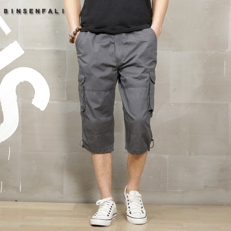 

Long Length Cargo Shorts Men Knee Pocket Casual Cotton Elastic Waist Bermudas Male Style Summer 2020 Free belt, 1505 black