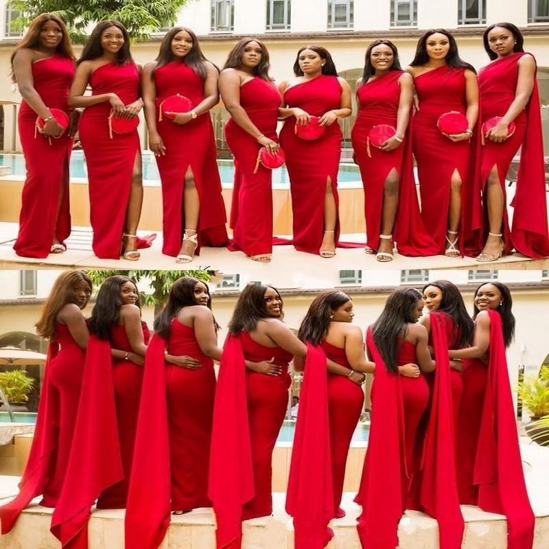 

African Red Mermaid Bridesmaid Dresses One Shoulder Side Split Floor Length Long Wedding Guest Dress Formal Maid of Honor Gowns
