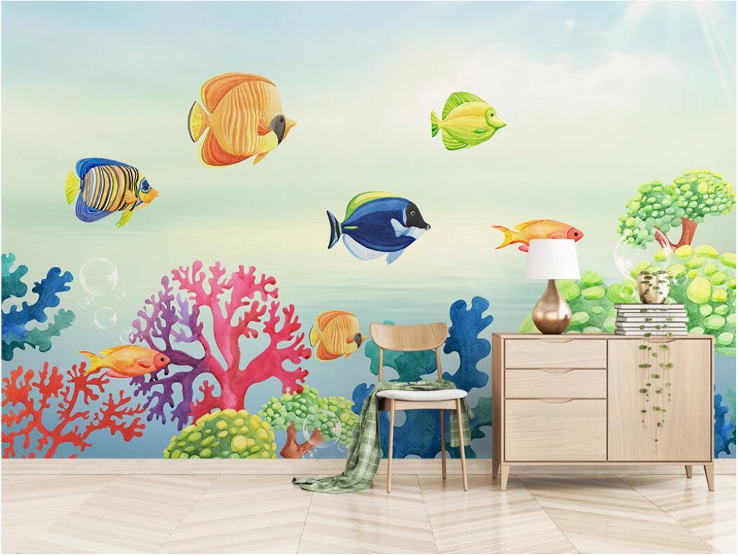 

3d wallpaper custom photo murals Creative watercolor underwater world ocean small fish children's room decor wall art pictures, Non-woven fabric