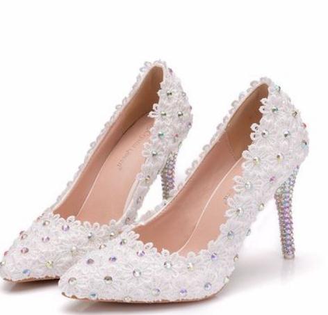 

2021 Women's shoes in Spring and Autumn with New style High heel fine heel pointed end Flower@OP9382, White