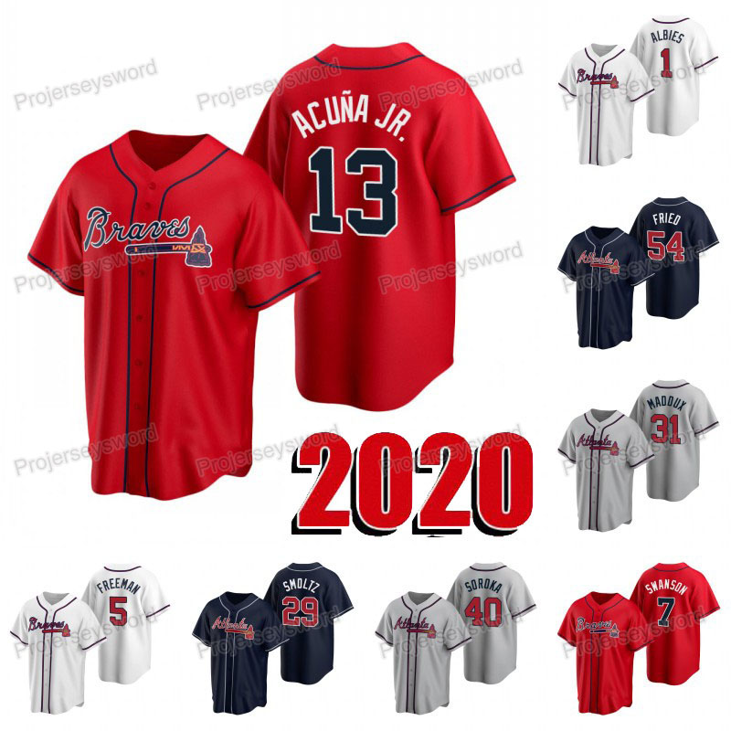 

Atlanta 2020 New Ronald Acuna Jr. Jersey Ozzie Albies Freddie Freeman Nick Markakis Austin Riley Dansby Swanson Cole Hamels Baseball Jerseys, Mens cool base navy blue