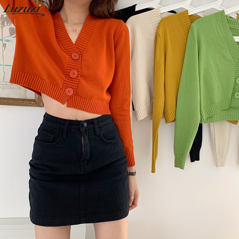 

Luzuzi Women's Cropped Cardigan Sweaters Female Black White Short Sweater V Neck Single Breasted Sweater Woman Knitted Cardigan, Suspenders random