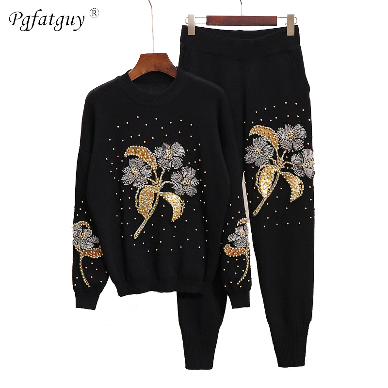 

Autumn Winter Explosions Sportswear Flower Heavy Embroidery Beaded Fashion Sweater Knit Pants Suit Casual Women's Two-piece Suit, Black