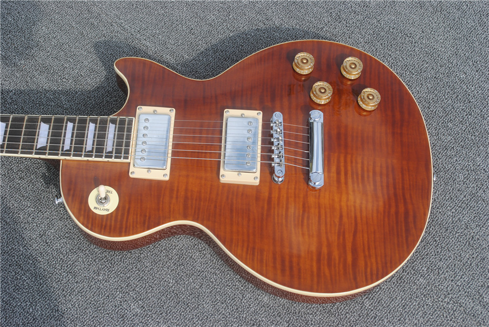 Nouvelle arrivée flamme de tigre 1959 de haute qualité, guitare LP inclinée standard, photo de vraie guitare marron, livraison gratuite
