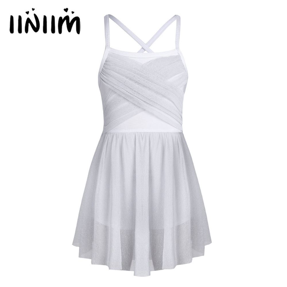 

iiniim Teen Girls Glittery Mesh Spaghetti Ballet Dance Class Dress Gymnastics Leotard for Kids Ballet Tutu Costumes Ballerina, White