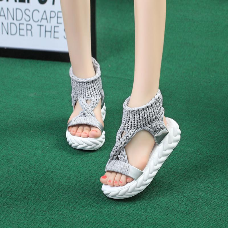 

Women Gladiator Sandals Summer Flat Wool Shoes Thick-bottomed Knitting Sandals Solid Ladies Platform Sandalias Zapatos Mujer, Black
