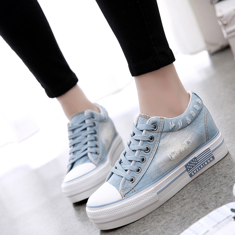 

Spring and summer single shoes Korean version of canvas women's thick soles increase denim shoes 2019 student casual women's cloth, Ocean blue