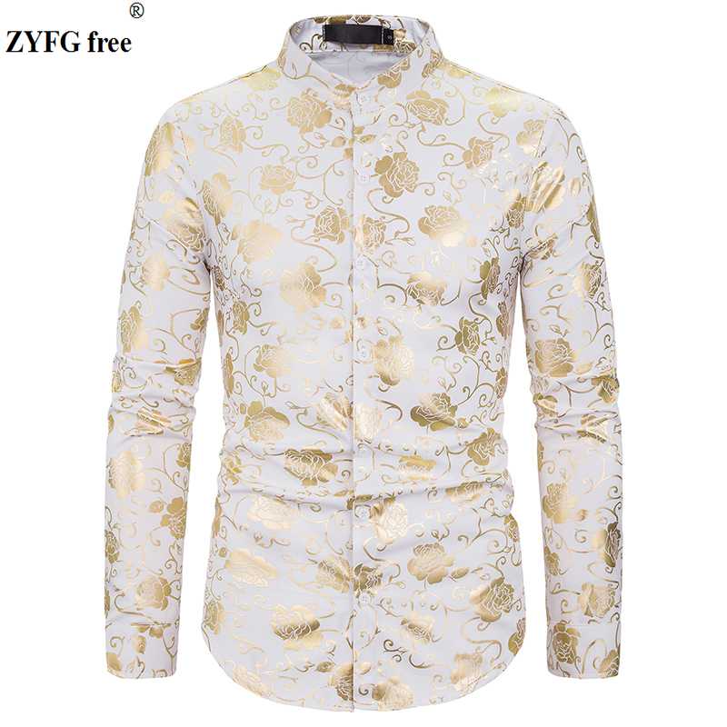 

New summer men rose print long sleeve shirts men's fashion casual shirts slim fit Plus size shirt men stand-neck shirt, Black