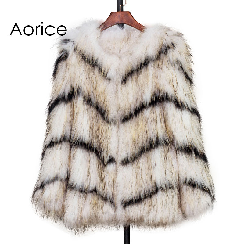 

CT7003 New Knitted Raccoon Fur Coat Full Sleeve Raccoon Fur Jacket Wavy lines white and black real coat, As pic
