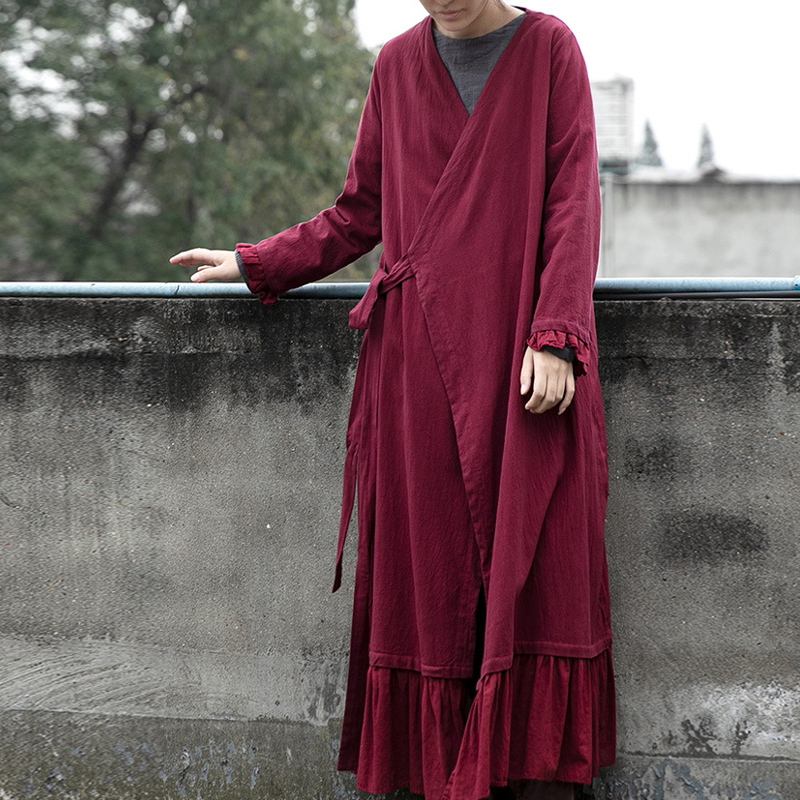 

Women Bandage Trench Vintage Cotton Linen Coats 2020 New Spring Patchwork Loose Solid Color Chinese Style Trench Coats, Purple red