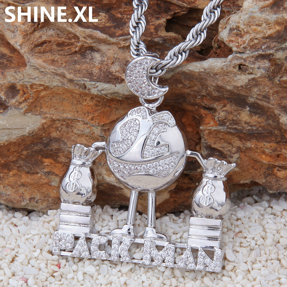 14K Gold Plated Iced Out CZ Stone Pack Man Pendant Necklace with Rope Chain Men Bling Bling Jewelry