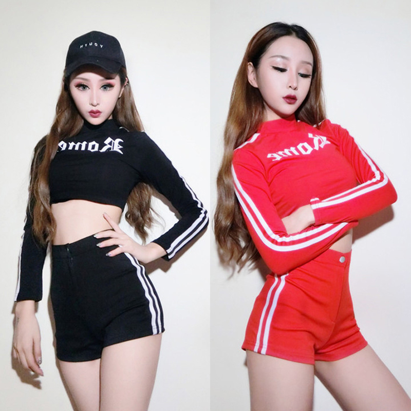 

Sexy Jazz Dancing Stage Costume Hip Hop Costumes Dance 2 Pieces Set Tops Shorts Cheerleading Modern Club Rave Clothes DWY313, Black