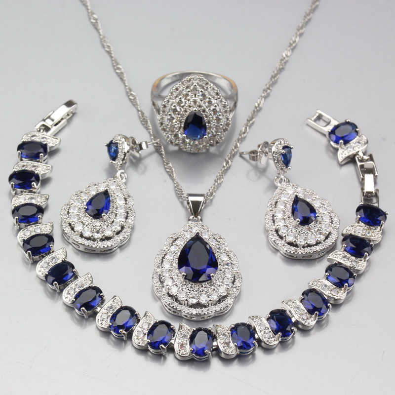 

Top Quality 925 Sterling Silver Water Drop Blue Zircon White Crystal Jewelry Sets Earrings Pendant Necklace Bracelet Ring