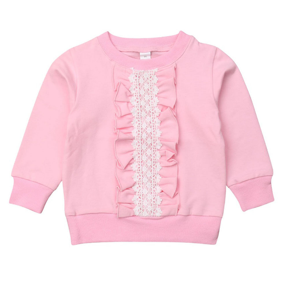 Kid Girls Solid Pink Blouses Round Neck Sweater With Ruffles Lace Baby