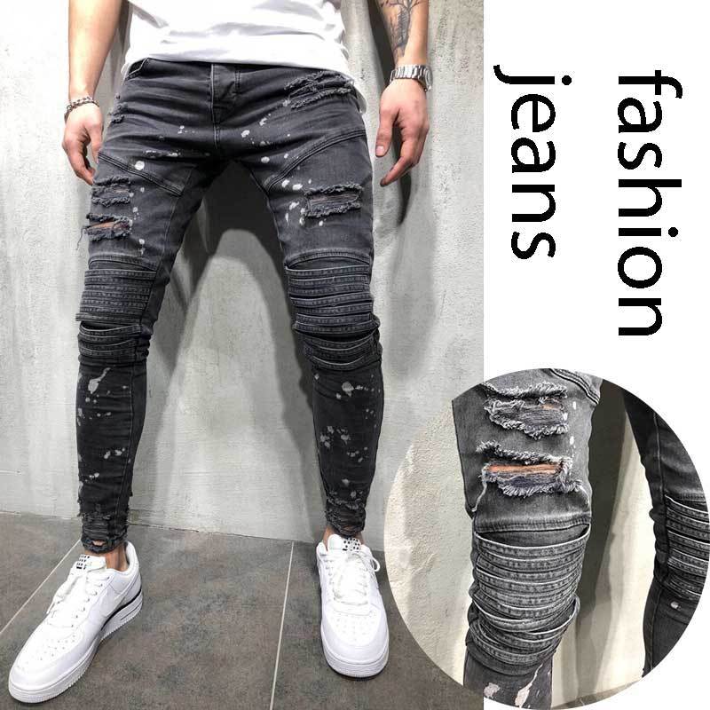 

Men' jeans fall slim-fit pants knee splash-cut long pants men, Black