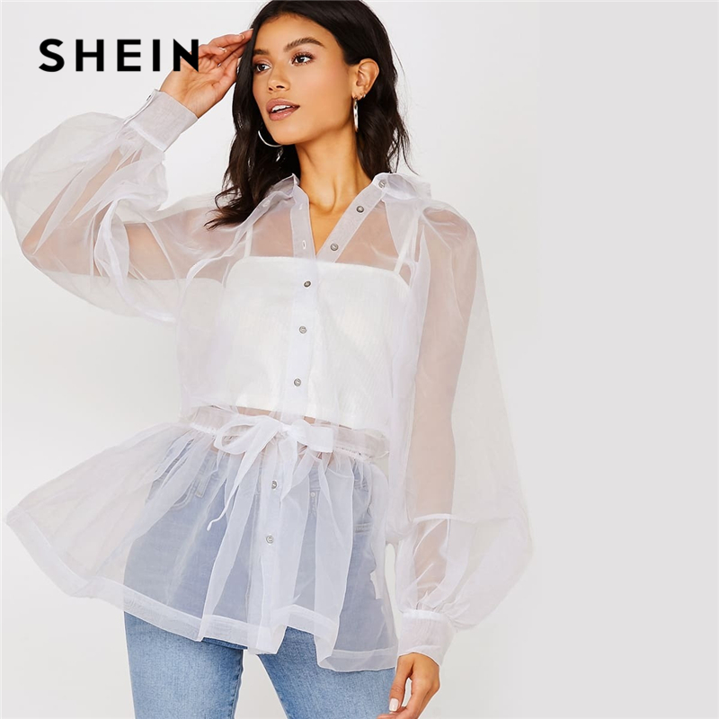 

SHEIN Solid Self Belted Peplum Organza Glamorous Shirt Without Cami Women 2019 Autumn Lantern Sleeve Ruffle Ladies Sexy Blouses, Black
