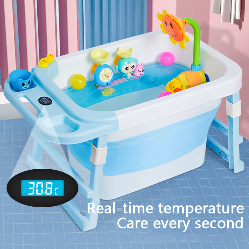 

Portable Bathtub Temperature Sensor Baby Tub Folding Bath Barrel Child Bathtub Swimming Barrel Home Large Newborn Can Sit, Pink2