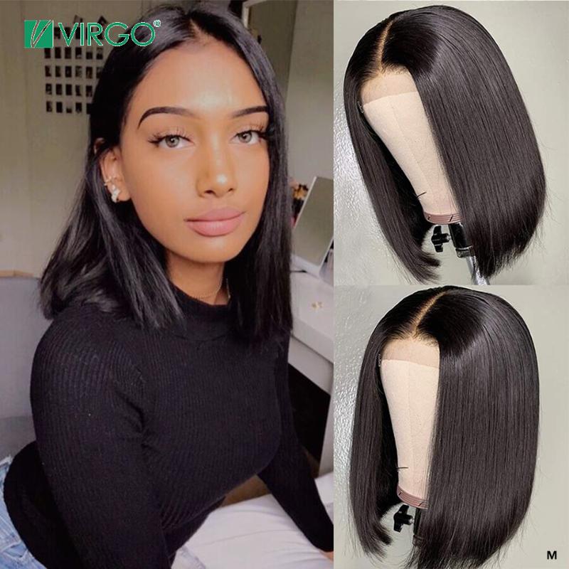 

Virgo 13x6 Lace Short Bob Wigs 150 Brazilian Straight Remy Hair Can Be Dyed Lace Front Human Hair Wigs PrePlucked Bleached Knots, As pic