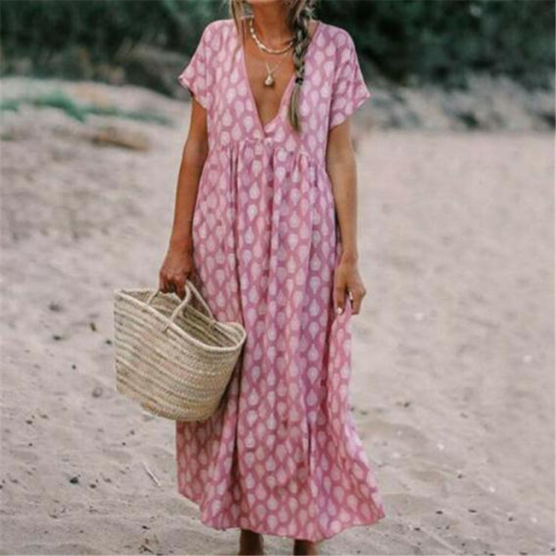 

Womens Boho Floral Fashion Baggy Tunic Dresses Ladies Fashion Casual Loose Kaftan Beach Holiday Sundress Females New Clothing, As photo show