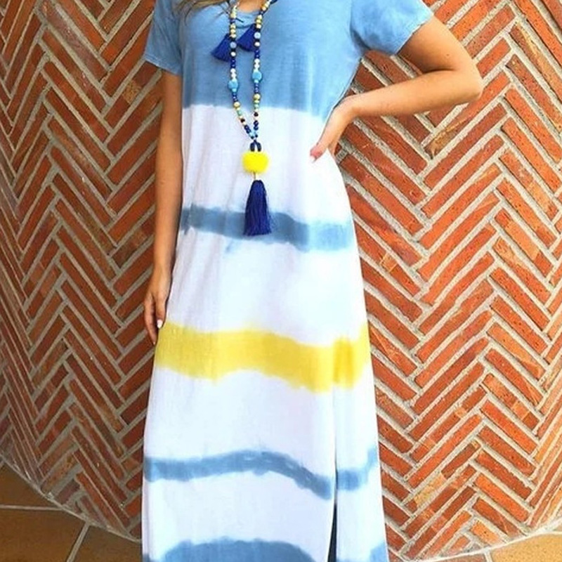 

Women Beach Dress Short Sleeve Round Neck Large Pendulum Striped Casual Loose Summer Holiday Straight Dress, Light blue