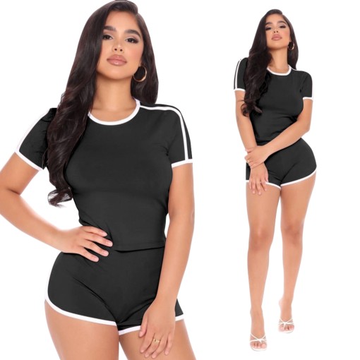 

Women Sport Fitness Short Sleeve T-shirt Top High Waist Elastic Shorts Suit Exercise Female Loose Running Yoga Set, Black