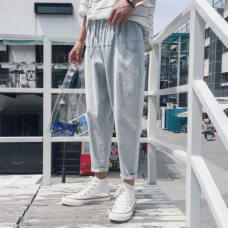 

MIXCUBIC 2020 spring summer England style wild Drawstring pants men casual loose washing pants for men trousers,M-3XL, Black
