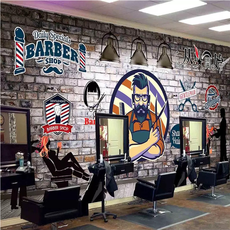 

Custom Wall Paper 3D European Hand-painted Retro Barber Shop Hair Salon Background Mural Wallpaper 3D Industrial Decor Murals, As pic