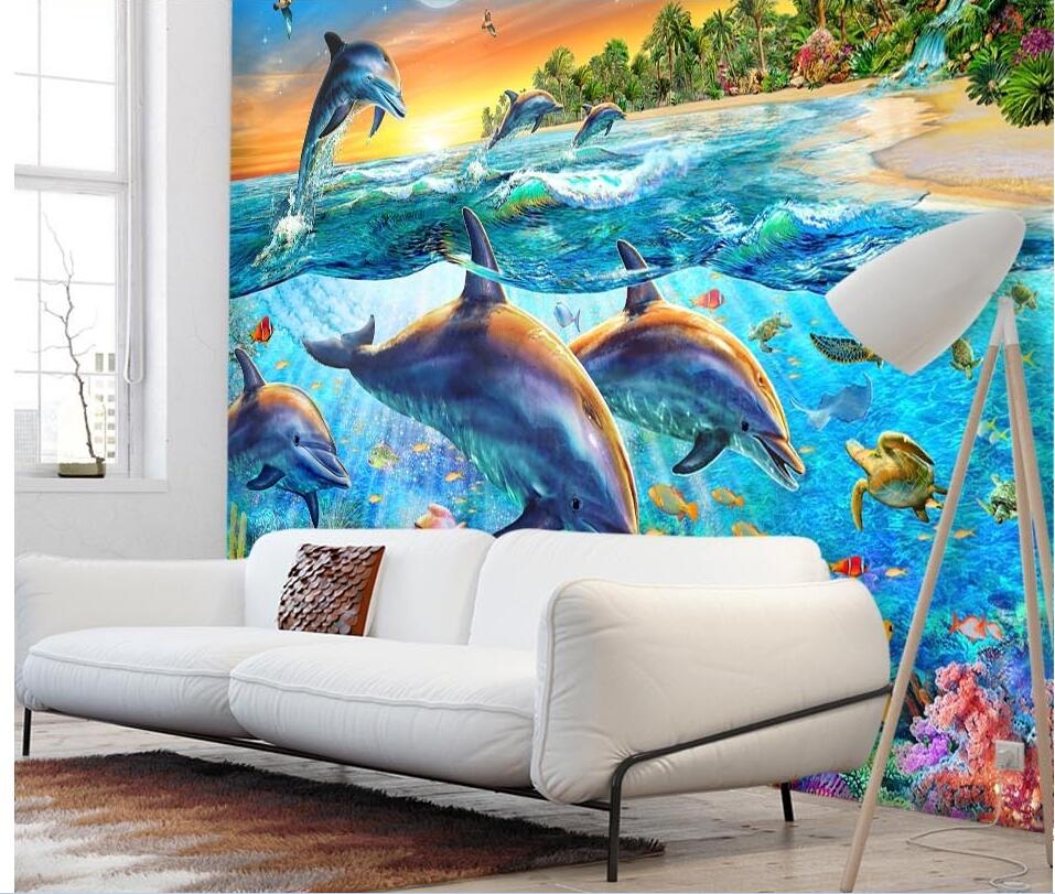 

WDBH custom photo 3d wallpaper Dolphins in the dreamy blue ocean tv background living room home decor 3d wall murals wallpaper for walls 3 d, Non-woven