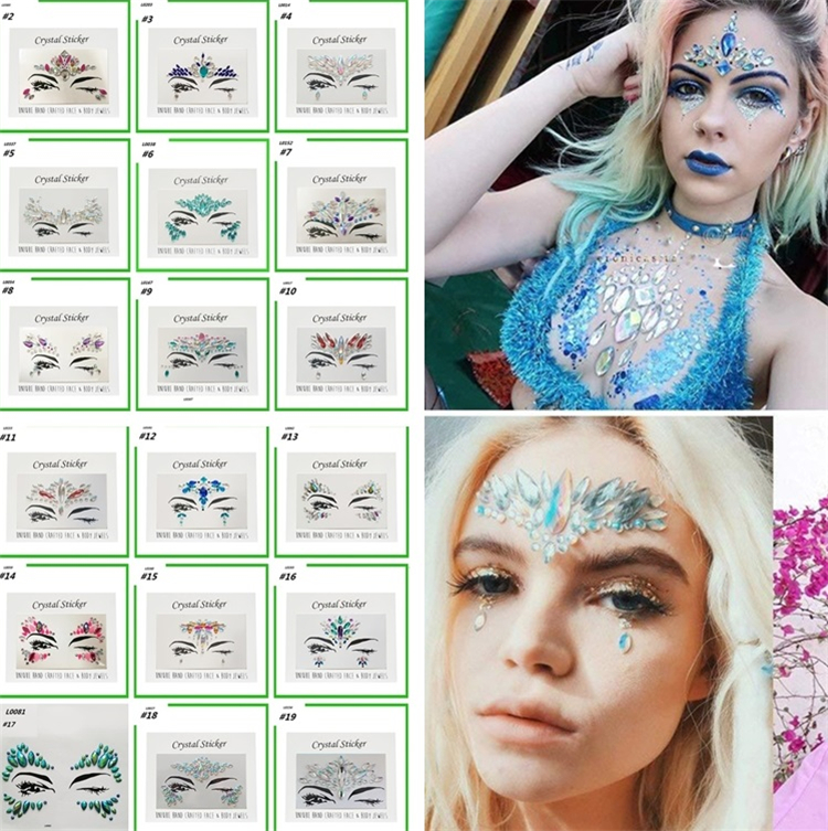 

Diamond Sticker Bohemia Style Glitter Crystal Tattoo Stickers For Women Face Forehead Paster Wedding Decorations 18styles F0095