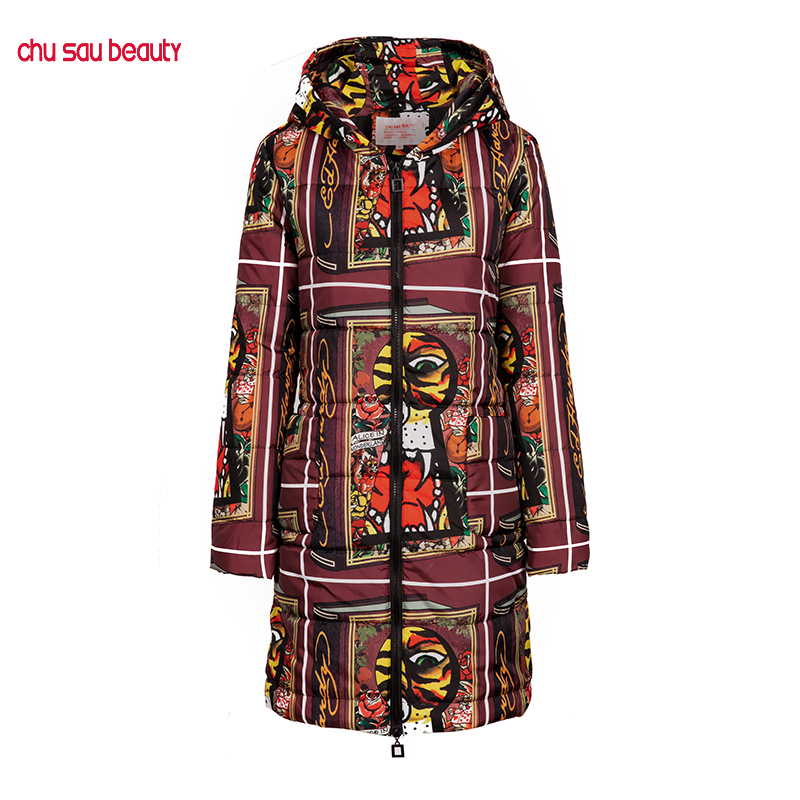 

winter jacket women 2019 thicken warm cotton-padded long coat women winter hooded print parka outwear plus size female CZ1923