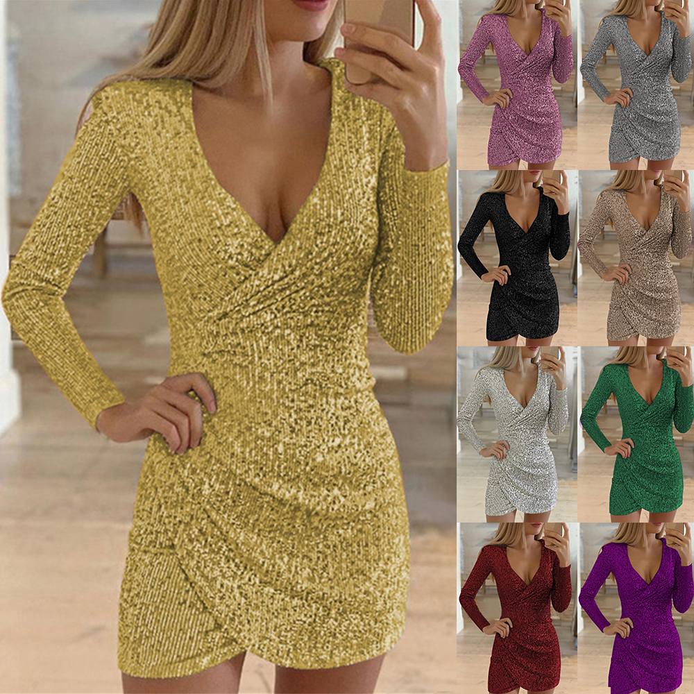 

Women' V-neck Slim Sequin Dress Newest Sexy Silver Glitter Shiny Party Vestido Fashion Ladies Long Sleeve Mini Dress, Red