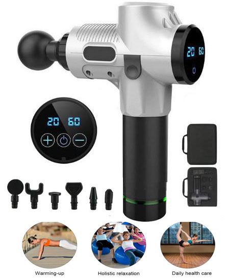 

25.2V 2500mAh massage gun with LCD digital display 1-30 files Massage Gun with 6 heads Muscle Relaxation Vibrators Silver