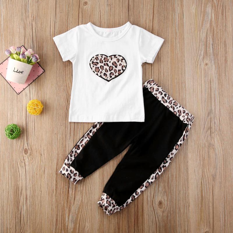 

1-5Y Toddler Baby Kid Girls Clothes Set Leopard Heart T shirts Tops Black Pants Casual Children Girls Costumes, As pic