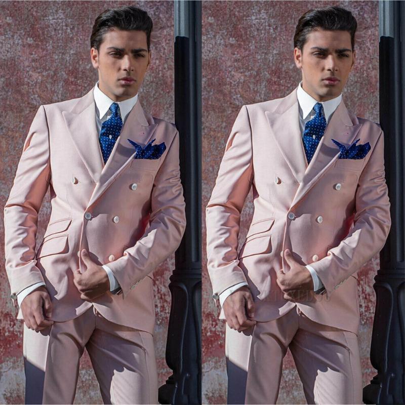 

New Arrivals Men Suits Slim Fit 2 Piece Double Breasted Prom Tuxedos Casual Business Pink Jacket Blazer+Pants for Wedding 2020, As picture