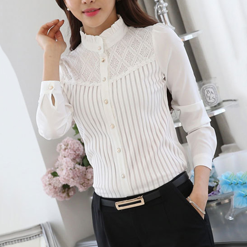 

Spring Women White Blouse Korean Lace Tops Blouses 2020 Female Slim Long Sleeve Blusas Elegant Chiffon Shirts Workwear SJ5557V, Square collar
