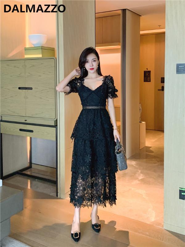 

Women V Neck Leaky Back Slim Party Long Dress 2020 Newest Designer Woman Fashion Short Sleeve Black Lace Ruway Dresses Vestidos, Picture color
